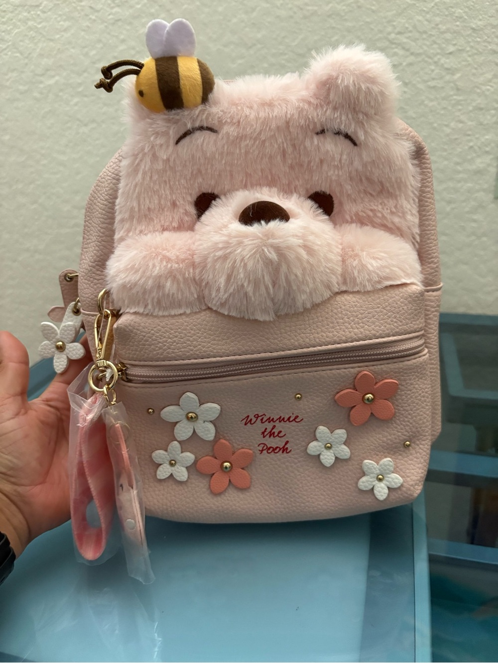 Disney Pink Winnie the Pooh Plush Kids Backpack with Bee Charm
